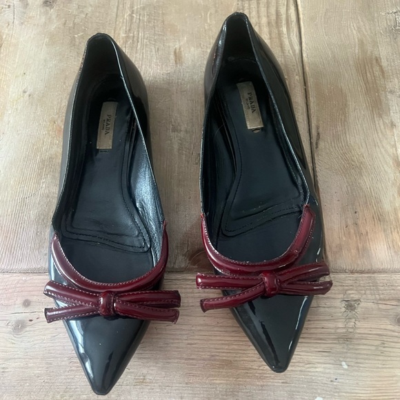 Prada Shoes - Prada Women's Black and Dark Red Patent Flats